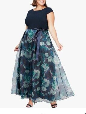 SLNY Navy Floral Maxi Skirt with Satin Ribbon *132#
